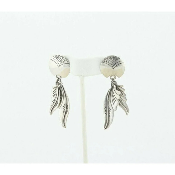 Sterling Silver Southwestern Large Feather Design Earrings Dangle Drop Earrings - Picture 6 of 7